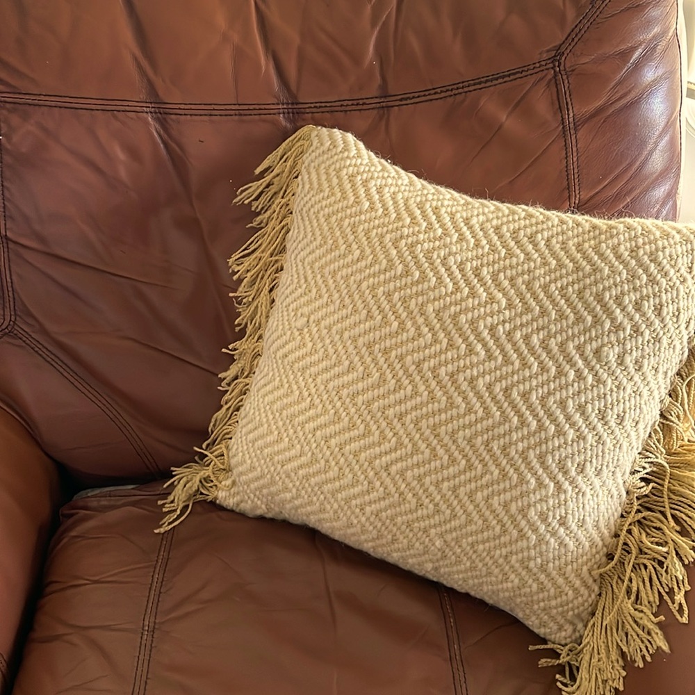 Cream and Gold Woven Pillow with Fringe